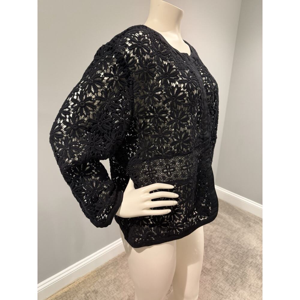 Women Black Crochet Lace Shrug Open Cardigan Knitted 3/4 Sleeve Boho Sz M/L - Picture 3 of 7